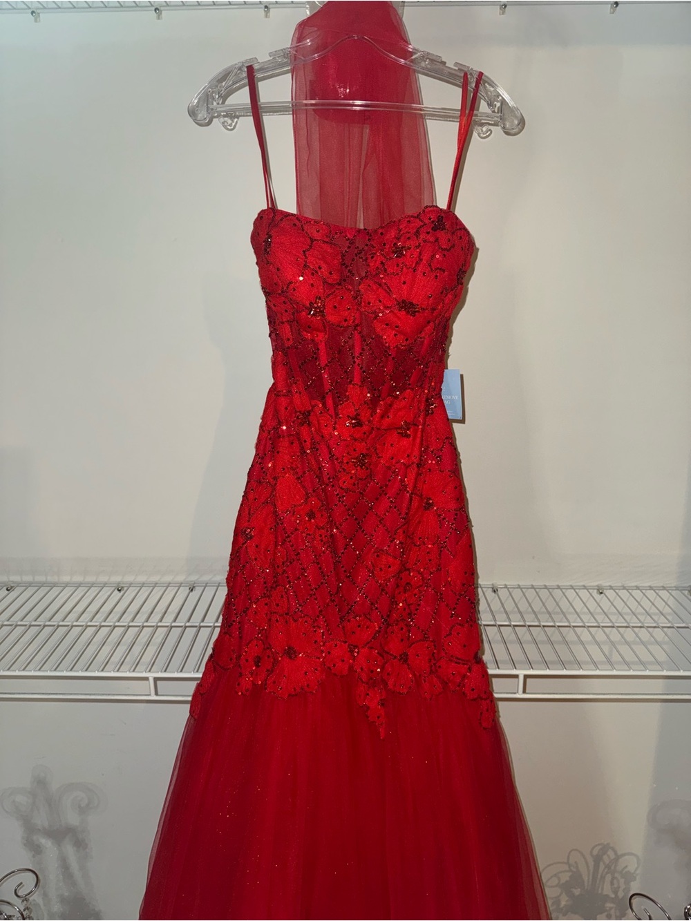 Red Beaded Tulle Mermaid Prom Dress